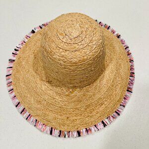 Kate Spade New York Multi Color Wide-Brimmed straw Floppy Fringe Sun Hat Pink